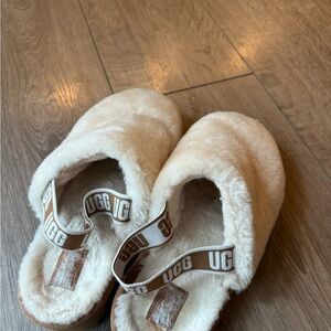 UGG Ivory Plush Slide Mules with Branded Elastic
